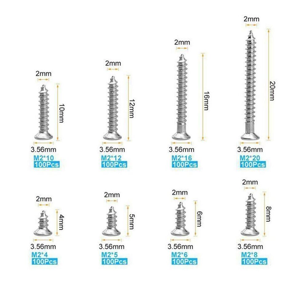 800pcs M2 Flat Head Phillips Assorted Self Tapping Screws Stainless Steel Set Kit