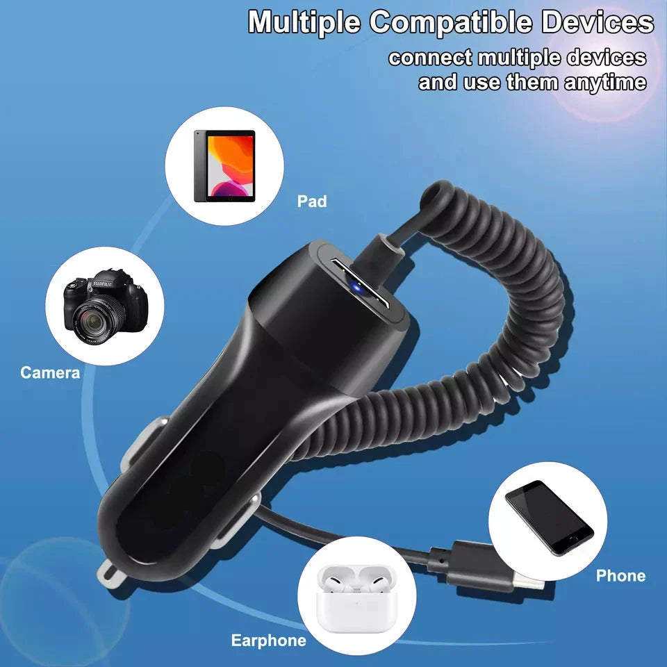 USB Car Charger Dual USB Adapter with Cable For Type C