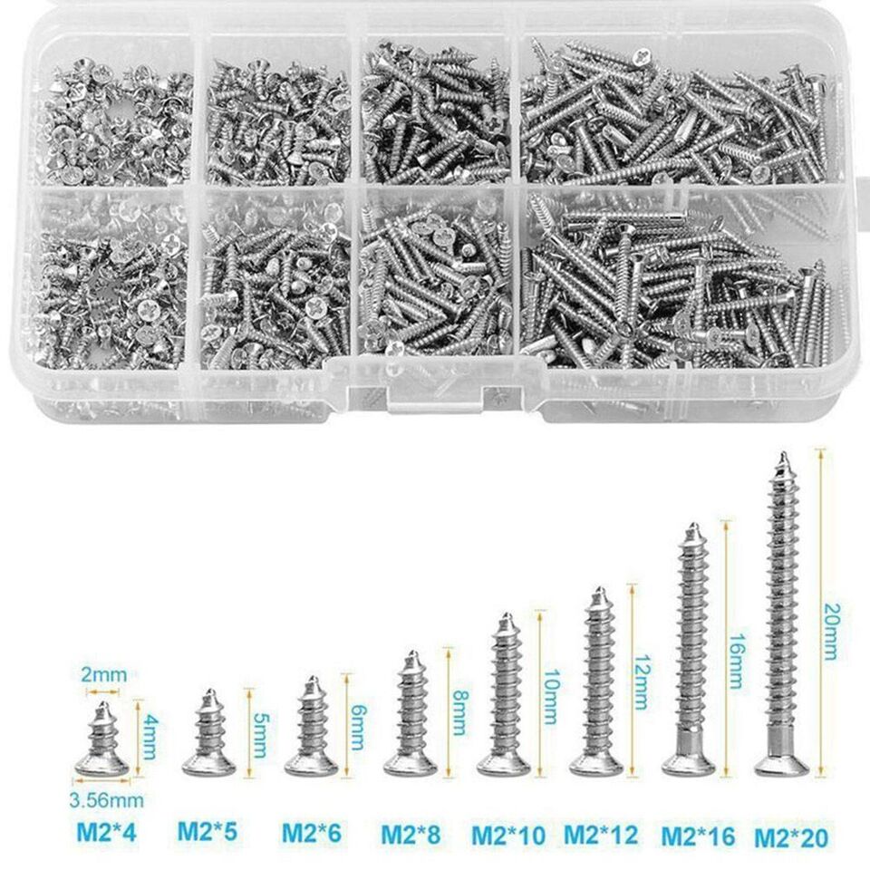 800pcs M2 Flat Head Phillips Assorted Self Tapping Screws Stainless Steel Set Kit