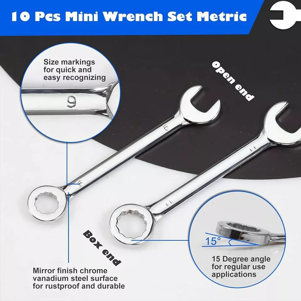 10PC Miniature Mini Combination Ring Open Wrench Spanner Set Metric 4-11MM