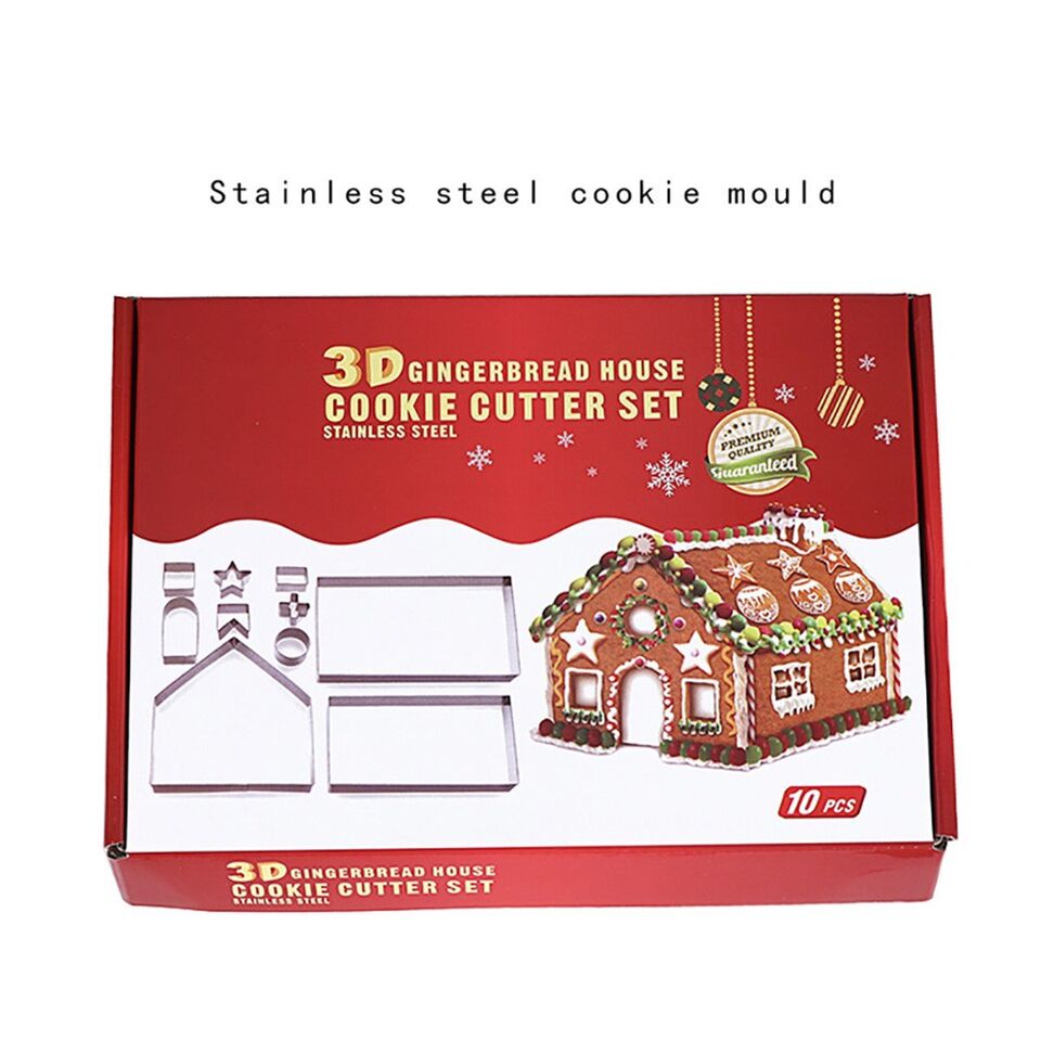 10Pc 3D Gingerbread House Cookie Cutter Stainless Steel Christmas Biscui